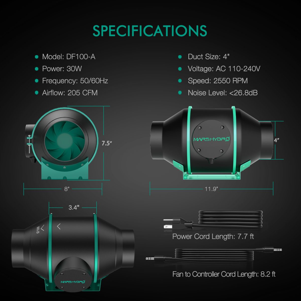 4 Inch Inline Fan For Grow Tent Smart Controller - Mars Hydro JP